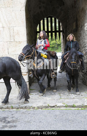 Cavalli Mérens attraversando Villefranche-de-Conflent, sul loro modo di alpeggi Foto Stock