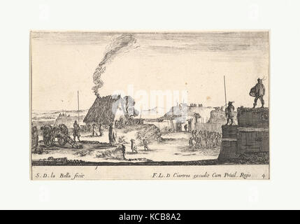 Piastra 4: un accampamento militare con un soldato in piedi su un parapetto a destra battendo un tamburo Foto Stock