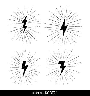 Fulmine set. Sciopero grunge icone di Thunderbolt con travi Illustrazione Vettoriale