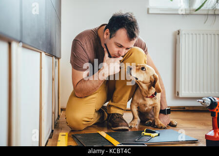 L'uomo facendo lavori di ristrutturazione a casa insieme con il suo piccolo cane giallo Foto Stock