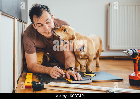 L'uomo facendo lavori di ristrutturazione a casa insieme con il suo piccolo cane giallo Foto Stock