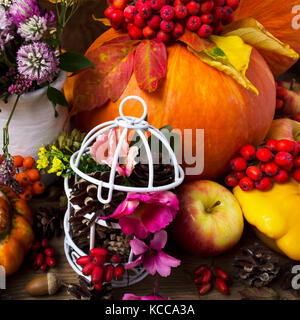 Tabella di ringraziamento centrotavola con zucche, verdure, rowan bacche e decorate birdcage Foto Stock