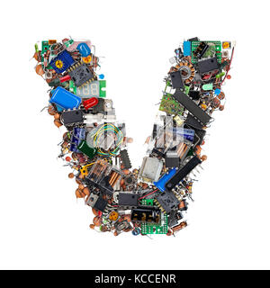 Lettera v fatta di componenti elettronici isolati su sfondo bianco Foto Stock