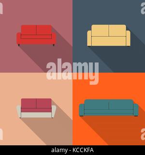 Set di mobili, divani di varie forme. Elementi di design degli interni in stile piatto con una lunga ombra diagonale, illustrazione vettoriale. Illustrazione Vettoriale