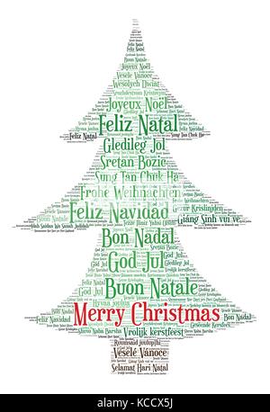 Parole cloud, buon Natale in tutte le lingue del mondo realizzati con albero di natale forma e tag. Illustrazione Vettoriale