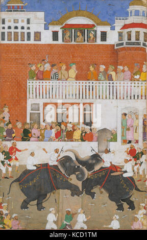 'Hah Jahan guardando un elefante lotta', Folio da un Padshahnama, Bulaqi, probabilmente 1639 Foto Stock