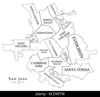 Città moderna mappa - san jose città degli Stati Uniti con i quartieri e i titoli mappa di contorno Illustrazione Vettoriale