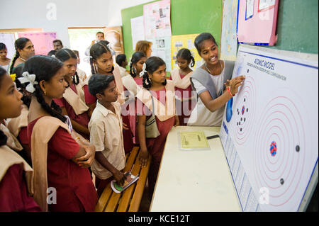 Tamil NADU, INDIA - Fiera della Scienza. Un insegnante spiega il movimento del sistema solare Foto Stock