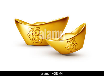 Yuan bao - chinese gold sycee isolati su sfondo bianco, la calligrafia cinese 'fu' (testo straniero significa prosperità) Foto Stock