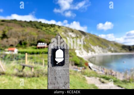 Acorn logo sentiero simbolo waymarker Lulworth cove Dorset England Regno Unito Foto Stock