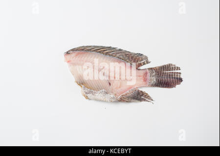 Tilapia (tilapia nilotica) fishbone su sfondo bianco in studio. cibo organico e concetto di mangiare Foto Stock