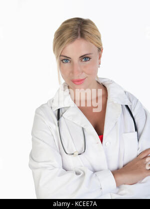 Femmina e giovane medico biondo con gli occhi blu, posa Foto Stock