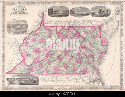 1864, Johnson Mappa della Virginia, Delaware, Maryland e Virginia Occidentale Foto Stock