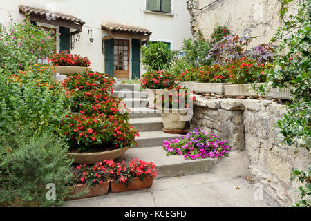 Le begonie (begonia) in fioriere e vasi di fiori, Arles, Francia Foto Stock