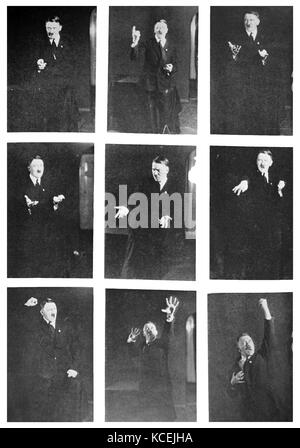 Adolf Hitler (1889 - 1945), uomo politico tedesco. leader del partito nazista , Cancelliere della Germania dal 1933 al 1945. fotografato nel 1933 la pratica di fronte a uno specchio i gesti ha dispiegato in discorsi e manifestazioni. 1933 Foto Stock
