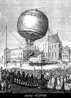 Incisione su rame del palloncino di idrogeno progettato dai fratelli Montgolfier. Joseph-Michel Montgolfier (1740-1810) e Jacques-Étienne Montgolfier (1745-1799) inventori del Montgolfier-stile mongolfiera, globe aérostatique. Datata xviii secolo Foto Stock