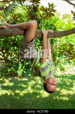 Ragazzo appeso dal ramo di un albero in un giardino estivo Foto Stock