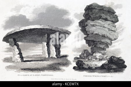 Incisione raffigurante la Lanyon Quoit, un dolmen in Cornovaglia. Un dolmen è una singola camera tomba megalitica. Datata del XIX secolo Foto Stock