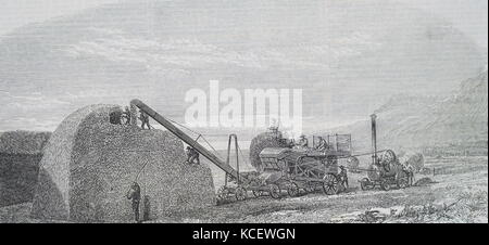 Incisione raffigurante un Ransomes, Sims & Jefferies la trebbiatura e la macchina di impilaggio. Datata del XIX secolo Foto Stock