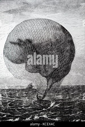 Incisione raffigurante un palloncino che cadono in mare. Datata del XIX secolo Foto Stock