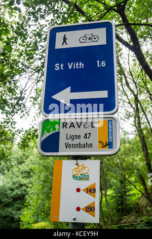 Vennbahn ex ferrovia ora RAVeL a lunga distanza percorso ciclo, St. Vith, Ostbelgien (Cantoni de l'Est), Hohes Venn Hautes Fagnes di lingua tedesca del Belgio Foto Stock