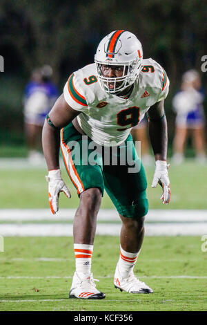 Durham, NC, Stati Uniti d'America. 29Sep, 2017. Il Ciad Thomas (9) degli uragani di Miami in NCAA match tra Miami e il duca presso lo Stadio Wallace Wade in Durham, NC. (Scott Kinser/Cal Sport Media) Credito: csm/Alamy Live News Foto Stock