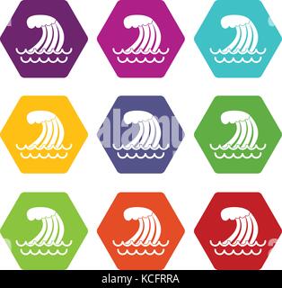 Onda Tsunami icon set hexahedron colore Illustrazione Vettoriale