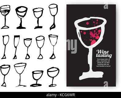 Set di disegnati a mano bicchieri per bevande. Illustrazione del modello di progettazione con bicchiere di vino. Illustrazione Vettoriale Illustrazione Vettoriale