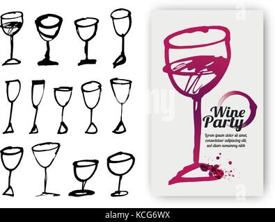 Set di disegnati a mano bicchieri per bevande. Illustrazione del modello di progettazione con bicchiere di vino. Illustrazione Vettoriale Illustrazione Vettoriale