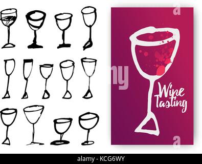Set di disegnati a mano bicchieri per bevande. Illustrazione del modello di progettazione con bicchiere di vino. Illustrazione Vettoriale Illustrazione Vettoriale
