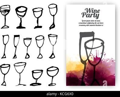 Set di disegnati a mano bicchieri per bevande. Illustrazione del modello di progettazione con bicchiere di vino. Illustrazione Vettoriale Illustrazione Vettoriale
