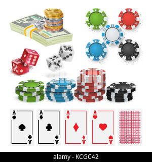 Casino di elementi di disegno vettoriale. Poker chips, giocando a carte, craps. illustrazione isolato Illustrazione Vettoriale