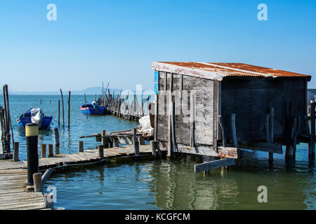 Barche da pesca in carrasqueira antico porto di pescatori in comporta, Alentejo Foto Stock