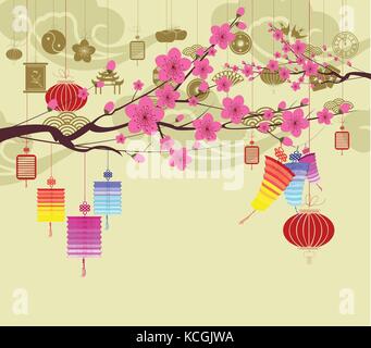 Oriental felice anno nuovo cinese 2018 blossom. baclground cinese Illustrazione Vettoriale