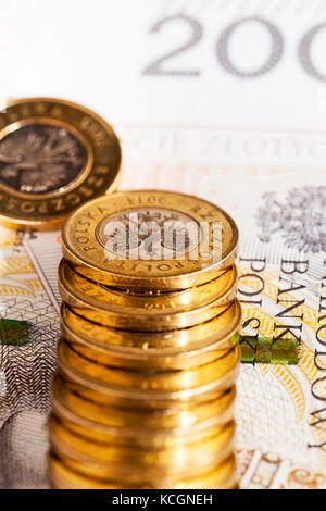 Fotografato vicino nuova polacca di carta moneta. Le banconote che vale la pena di duecento zloty Foto Stock