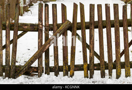 Un vecchio distrutto staccionata in legno in campagna. parte della recinzione è rotta. foto prese da vicino Foto Stock