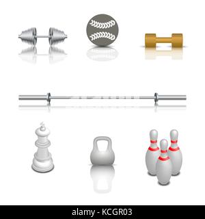 Sport realistici e icone di gioco con riflessi ombrosi e specchi. Isolato su sfondo bianco, illustrazione vettoriale. Illustrazione Vettoriale