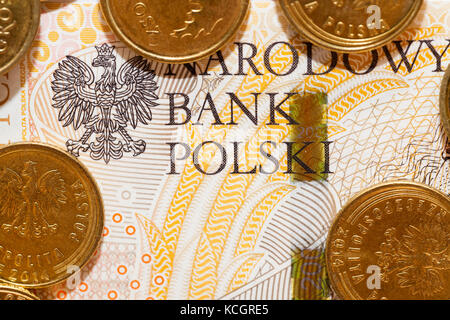 Fotografato vicino a denaro polacco - Polish zloty, le banconote e le monete in euro Foto Stock