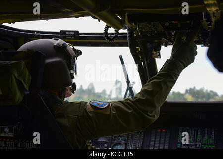 Maria Charry, pilota di elicottero nero UH-60 assegnato a Fuerza Aérea Colombiana, inizia l'elicottero a Rionegro, Colombia, il 12 luglio 2017. L'aeronautica degli Stati Uniti ha partecipato alla fiera aerea di quattro giorni con due South Carolina Air National Guard F-16 come schermi statici, oltre a schermi statici di un KC-135, KC-10, e una dimostrazione aerea F-16 del Viper East Demo Team del comando di combattimento aereo. La partecipazione militare degli Stati Uniti all'evento aereo offre l'opportunità di rafforzare le nostre relazioni militari-militari con partner regionali e con i professionisti Foto Stock