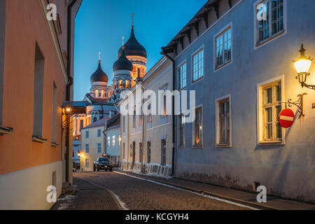 Tallinn, Estonia. La sera o la notte vista della cattedrale Alexander Nevsky da piiskopi street. cattedrale ortodossa di Tallinn è la più grande e la più imponente orto Foto Stock