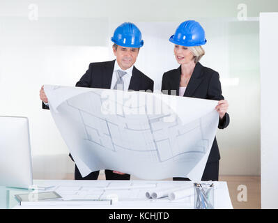 Gli ingegneri matura guardando blueprint indossando hardhat in office Foto Stock
