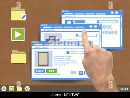 Composito Digitale di mano toccando molti sito web windows su carta tagliato desktop Foto Stock