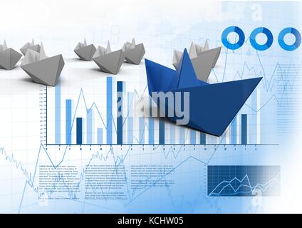 Digitali compositi di carta barche con grafici a barre statistiche Foto Stock