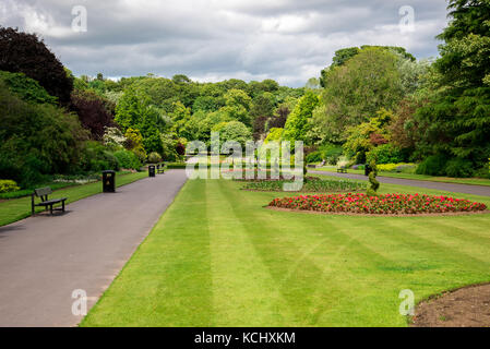 Vicolo centrale con letti di fiori in seaton park, Aberdeen, Scozia Foto Stock