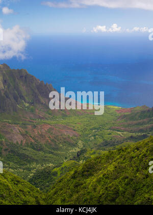 Vista sul Kalalau incredibile canyon, sulla costa di Na Pali di Kauai, Hawai'i, Stati Uniti d'America. Foto Stock