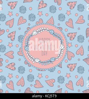 Abstract di san valentino card con seamless pattern carino con cuori, fiori e stelle Illustrazione Vettoriale