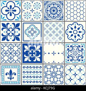 Piastrelle portoghesi pattern, Lisbona marina senza giunture piastrelle blu, azulejos geometrica vintage design ceramico Illustrazione Vettoriale