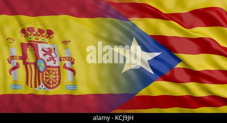 La Catalogna e la Spagna sventolano lo sfondo della struttura della bandiera. illustrazione 3d. Foto Stock