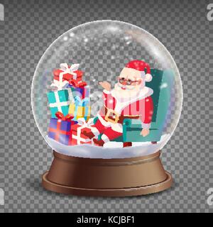 Natale 3d classic xmas snow globe vettore. cartoon Babbo Natale con i doni. sfera di vetro con riflessi e gighlights. isolato su sfondo trasparente illustrazione Illustrazione Vettoriale