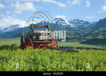 Un vecchio carro coperto si siede di fronte al absaroka mountains del wyoming Foto Stock